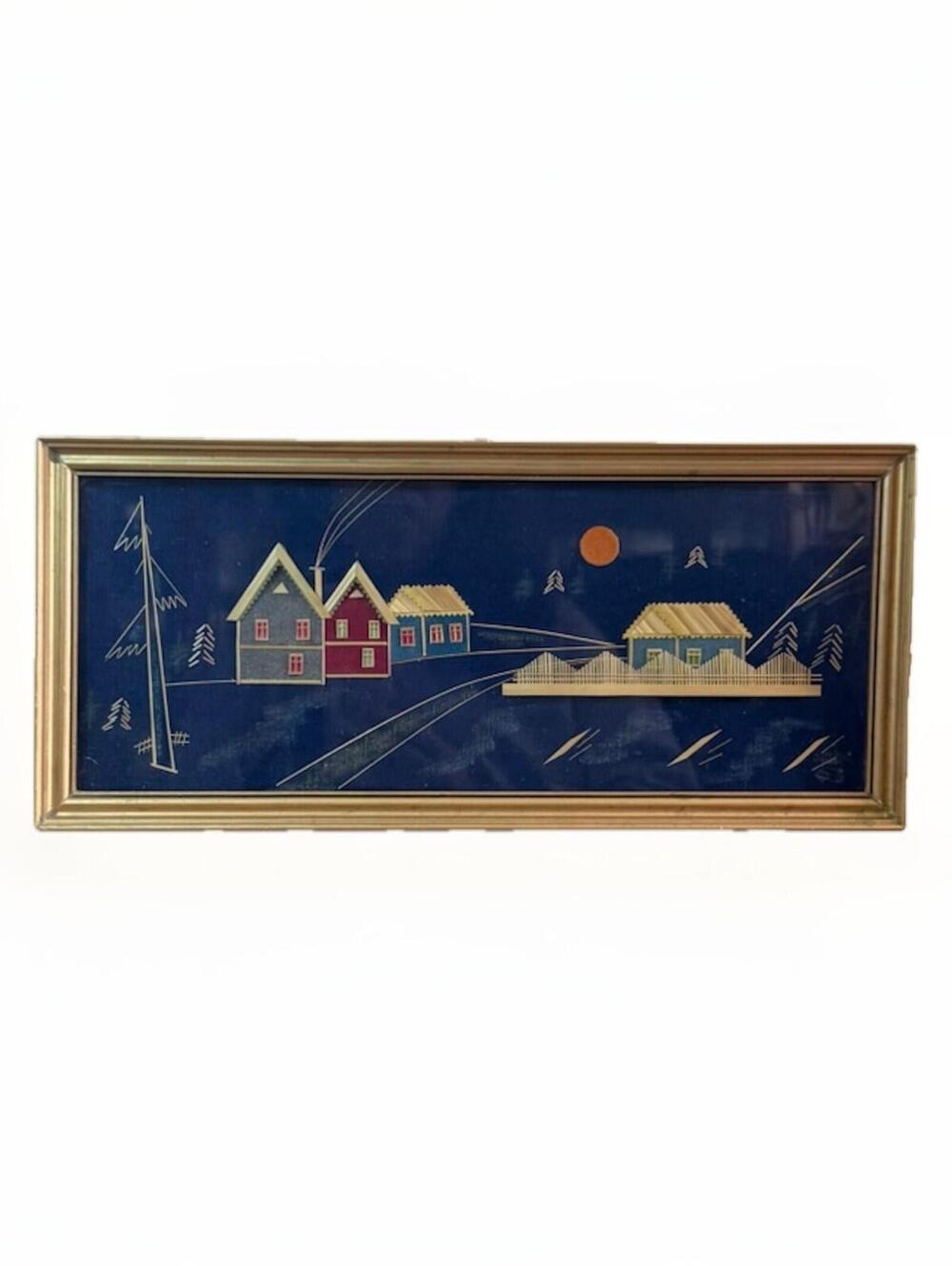 Vintage Collectible Framed Folk Straw Art Wall USSR 14x6 in. 1970s
